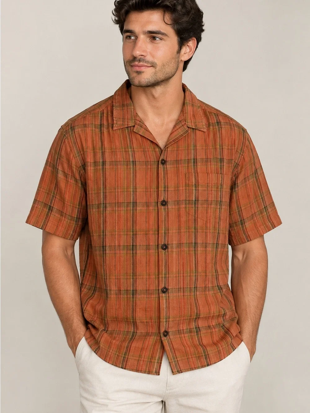 Banana Republic Orange Plaid Short-Sleeve Button-Down Shirt